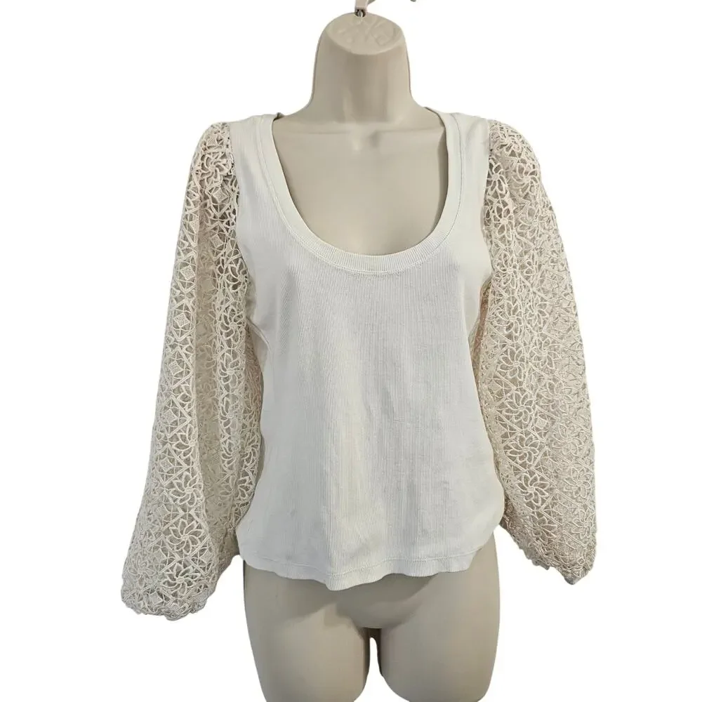MAEVE ANTHROPOLOGIE Lace-Sleeve Top in White Size Petite Small